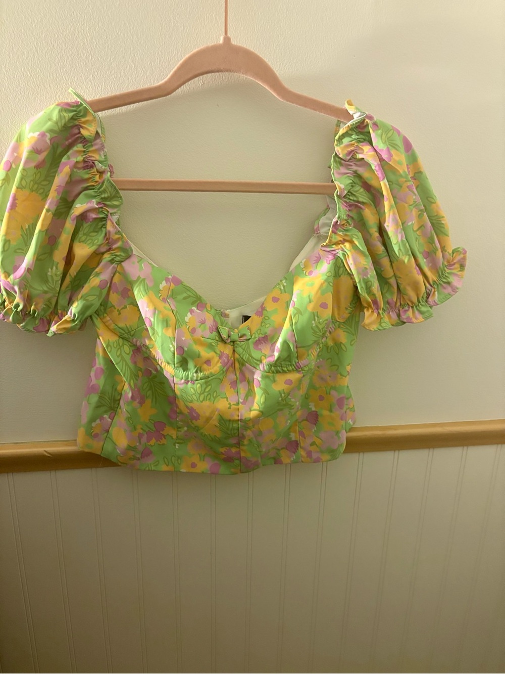 Linjia Shop Womens L Floral Puff Sleeve Crop Top Green Pink Coquette Bustier